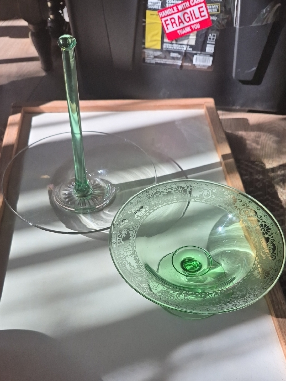 Green Etched Glass Dessert Compote - Elegant Serving Bowl